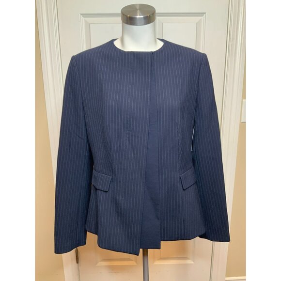 Hugo Boss Jadela1 Navy Blue & Thin Gray Pinstripe Button-Up Jacket, Size 12 - Picture 1 of 11